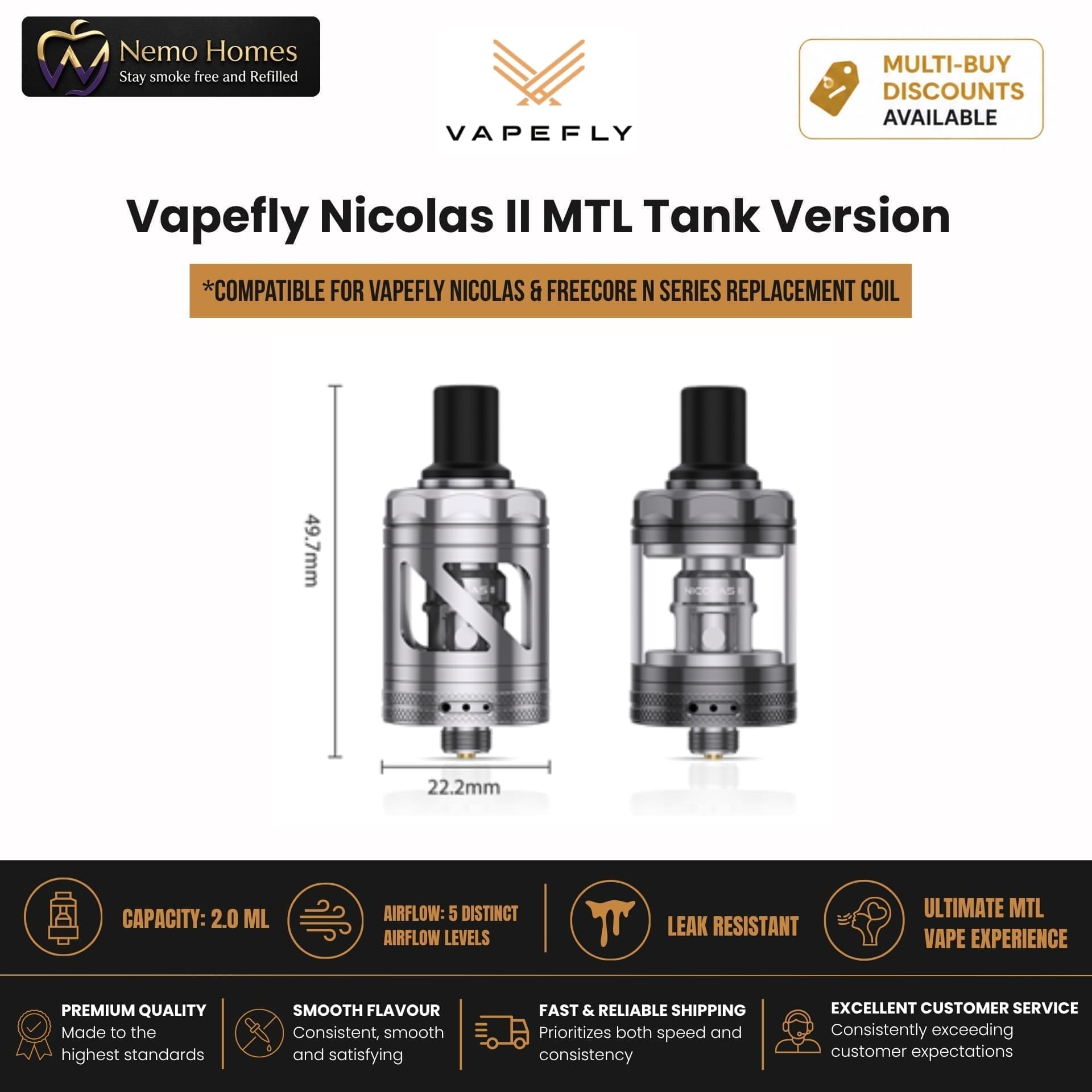 Buy Vapefly Nicolas II MTL Tank and Opt Coils (Nicolas 2) - Free UK Next Day Delivery (no minimum spend)