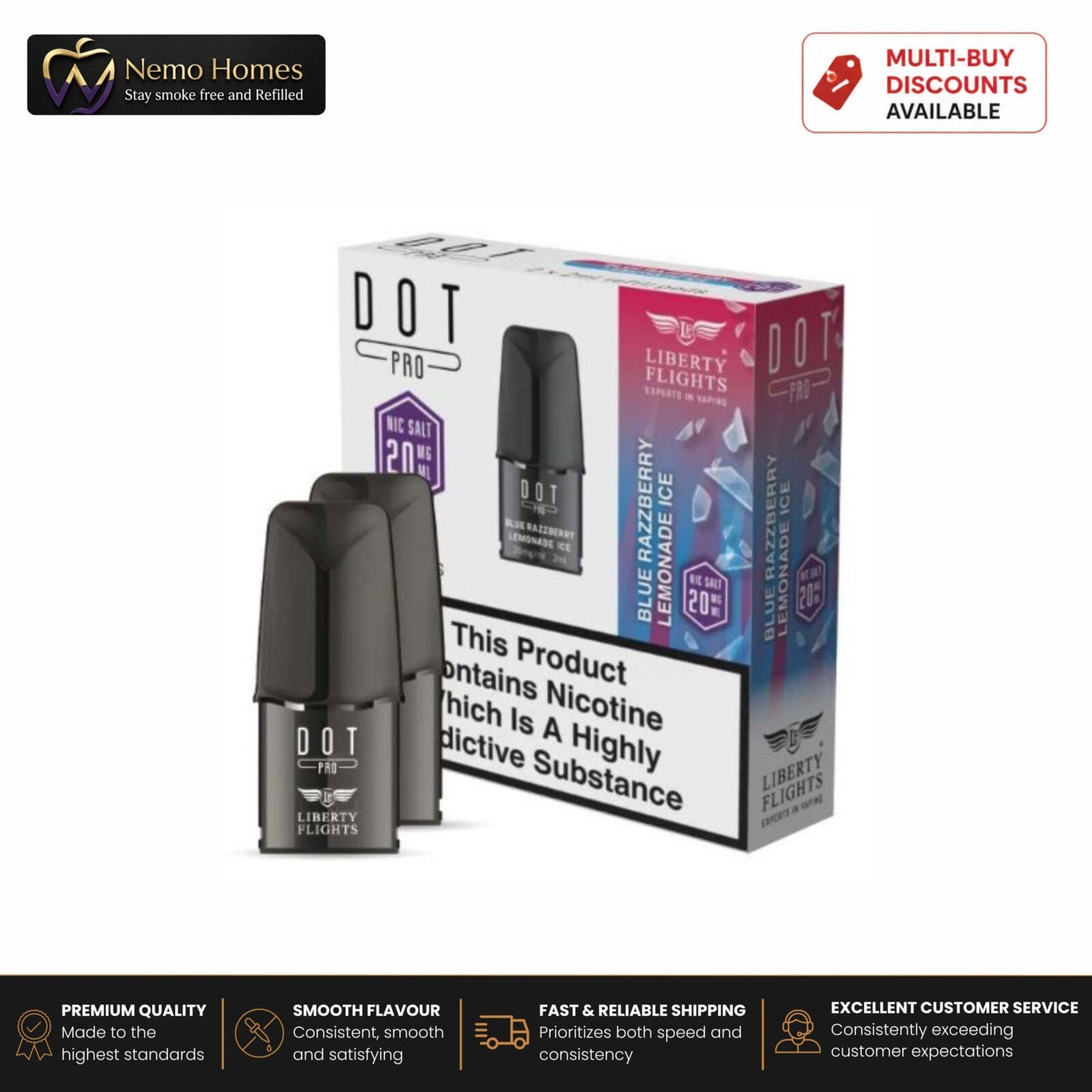 Buy DOT PRO Pods by Liberty Flights - Prefilled Pod - DOT Pro Pod - Blue Raspberry Lemonade - 20mg - Free UK Next Day Delivery (no minimum spend)