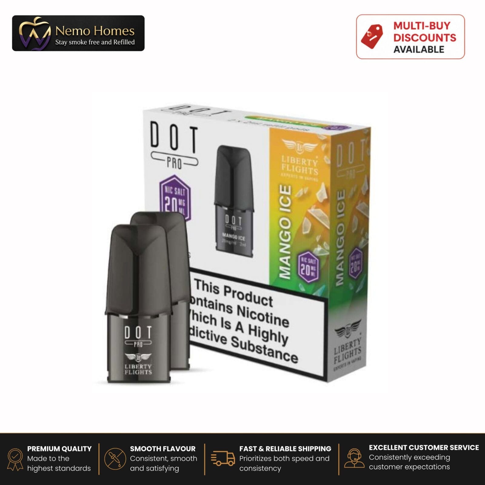 Buy DOT PRO Pods by Liberty Flights - Prefilled Pod - DOT Pro Pod - Mango Ice - 20mg - Free UK Next Day Delivery (no minimum spend)